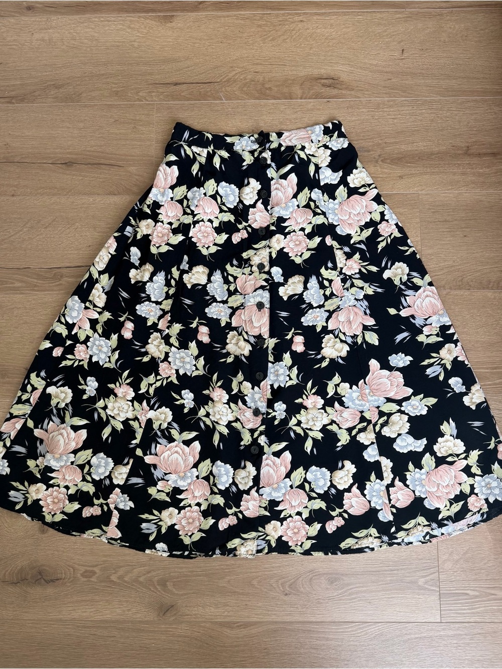 Vintage Black Maxi Skirt with Pink & Cream Floral Print - Picture 2 of 3